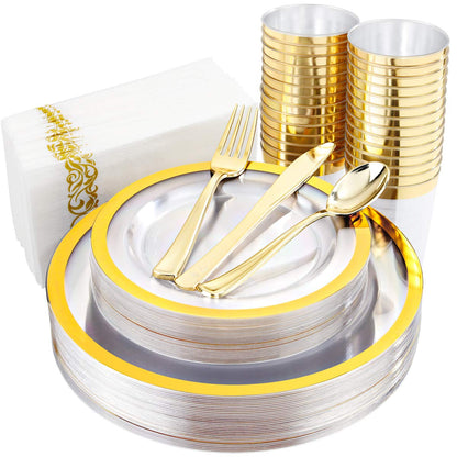 YOUBET 210PCS Clear Gold Plastic Dinnerware - Gold Plastic Plates and Gold Dinnerware Includes: 30 Dinner Plates, 30 Dessert Plates, 30 Gold Cups, 30 Napkins for Party & Wedding