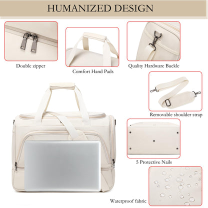 Makukke Weekender Overnight Bag for Women, Large Travel Carry on Duffle Bag with Shoe Compartment & Toiletry Bag, Sports Tote Gym Bag, Beige Weekender Bag