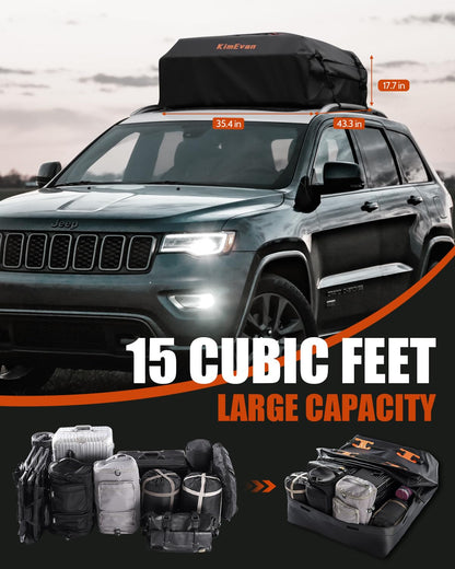 Kimevan Waterproof Rooftop Cargo Carrier, Upgrade Waterproof Design Luggage Roof Rack Soft Cargo Bag 15 Cubic feet for All Cars with/without Rack, includes Anti-Slip Mat, 2 Reinforced Straps