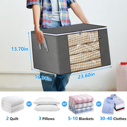 Large Storage Bags for Clothes, 4 Pack Foldable Blanket Clothing Storage Bags with Lids and Reinforced Handle, Storage Containers with Zipper for Organizing Bedroom, Closet, Comforter (90L, Grey)