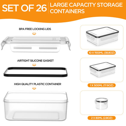 HOMETALL 26 Pcs Food Storage Containers with Lids Airtight(13 Containers & 13 Lids), Plastic Meal Prep Containers Reusable for Kitchen Organization, BPA-Free, Leak Proof with Labels & Marker Pen