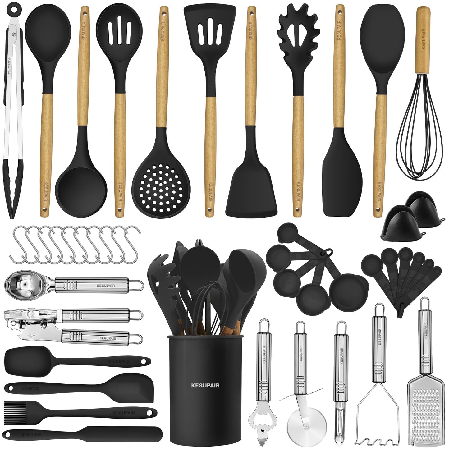 Silicone Kitchen Utensils Set, 46 pcs Cooking Utensils Set-Silicone Spatula Set- Kitchen Gadgets and Tools with Holder-Wooden Handle Silicone Kitchen Utensil with Tongs,Grater (Black)