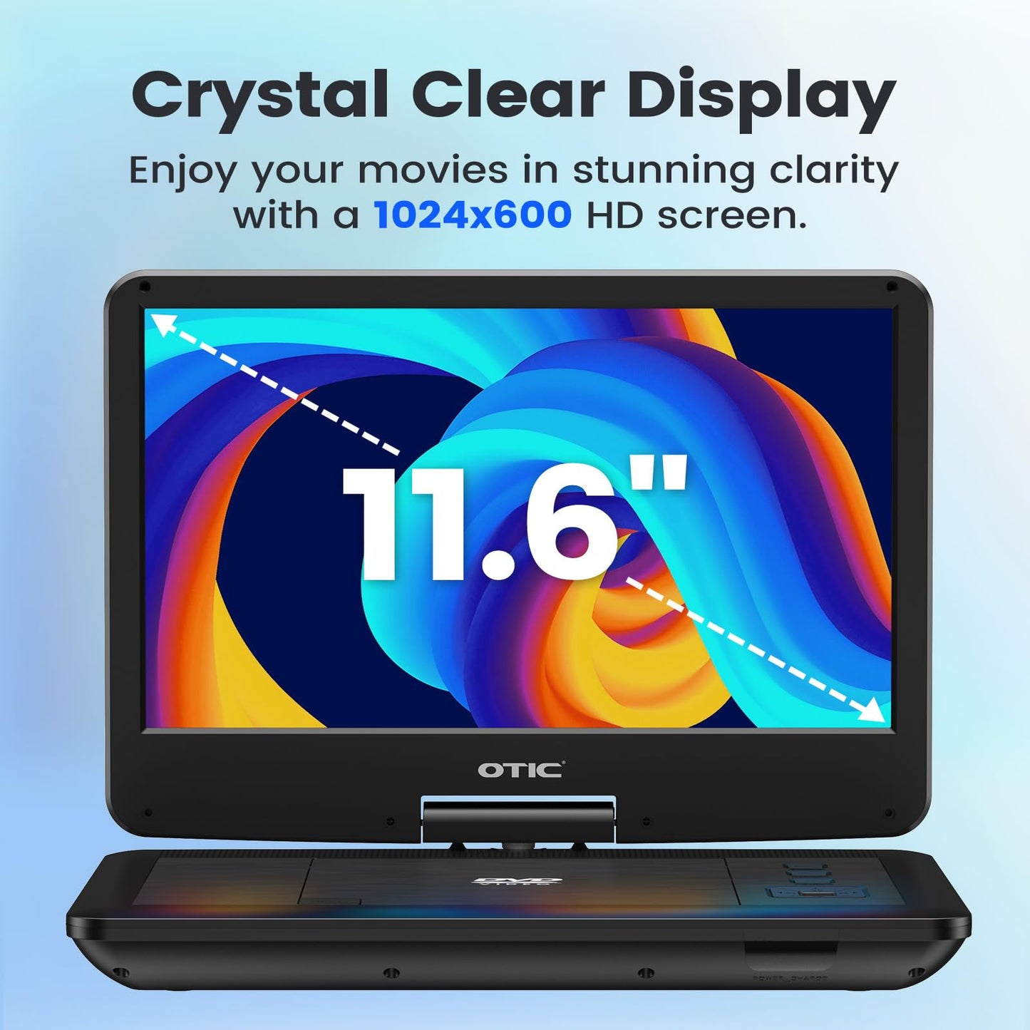 OTIC 13" Portable DVD Player with 11.6" HD Swivel Screen, DVD Player for Car, 6-Hour Rechargeble Battery, Support DVD/CD/USB/SD Card, Remote Control,Dual Stereo Speakers, Black
