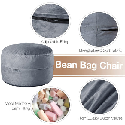 WhatsBedding 3 ft Bean Bag Chairs for Adults/Teens with Filling, Medium Bean Bag Sofa with Memory Foam, Furniture Bag with Soft Dutch Velvet Cover, Dark Gray, 3 Foot