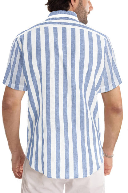 JMIERR Men's Summer Casual Stylish Short Sleeve Button-Down Shirts Cotton Linen Vertical Striped Dress Shirts Beach Hawaiian Shirt Cruise Wear Men, S, Sky Blue