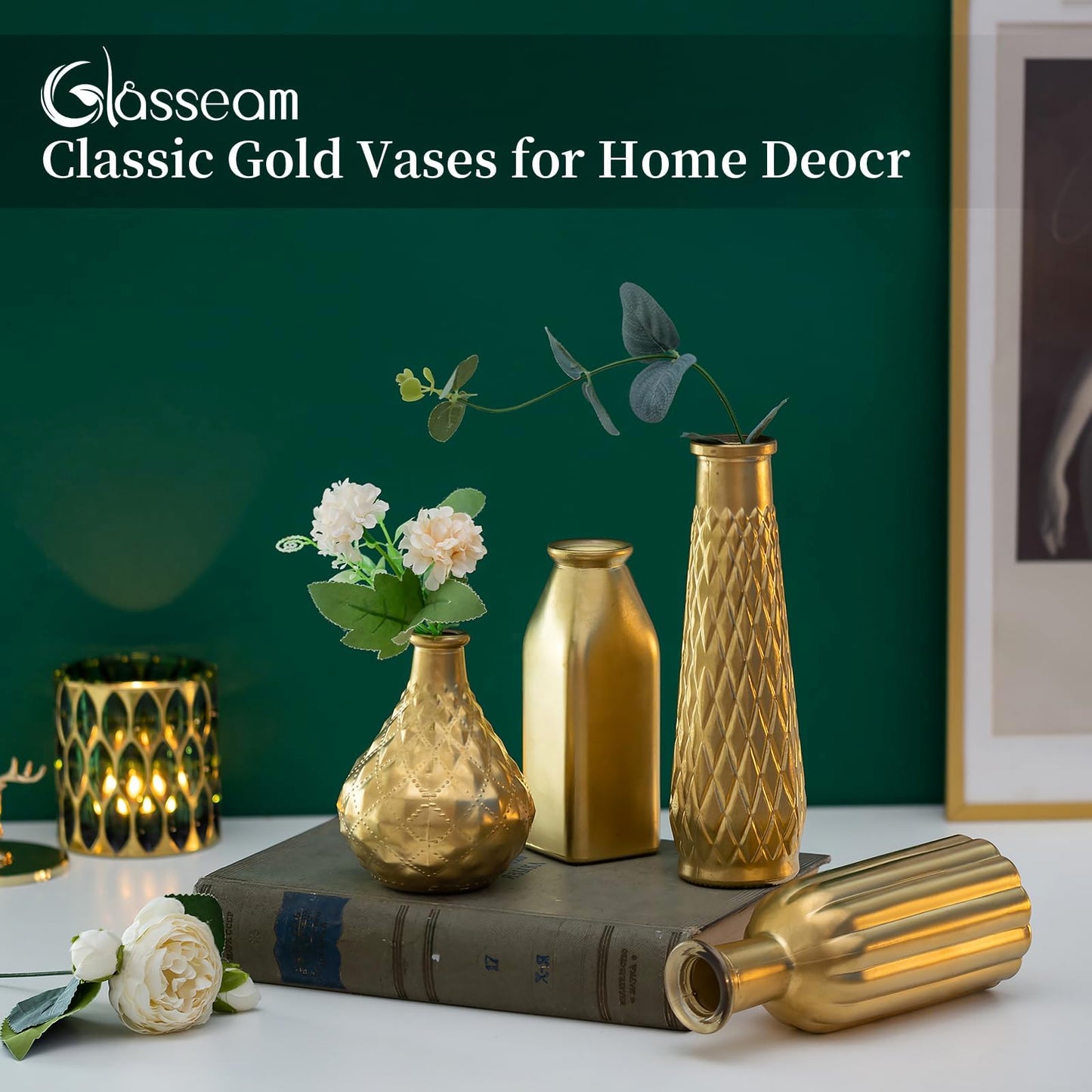 Glasseam Gold Glass Vase, 8pcs Cylindrical Home Decor, Antique Art Deco Style, Holds Water, Gold Electroplating Finish, Living Room Kitchen Bathroom Bedroom Decor, Table Centerpieces
