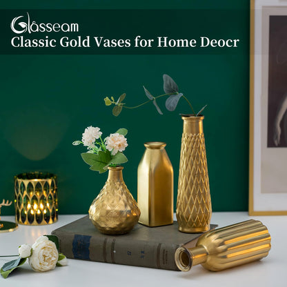 Glasseam Gold Glass Vase, 8pcs Cylindrical Home Decor, Antique Art Deco Style, Holds Water, Gold Electroplating Finish, Living Room Kitchen Bathroom Bedroom Decor, Table Centerpieces