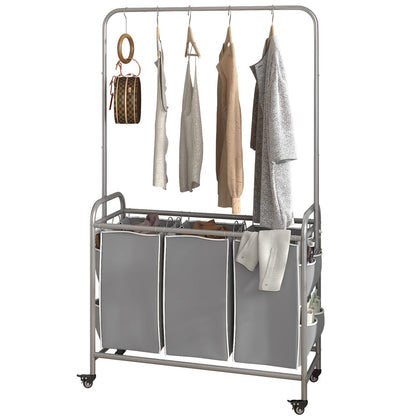 Laundry Sorter 3 Bag Laundry Hamper Cart with Clothes Hanging Bar Rolling Lockable Wheels and Removable Bags for Laundry Room Bathroom Bedroom Clothes Storage, Grey
