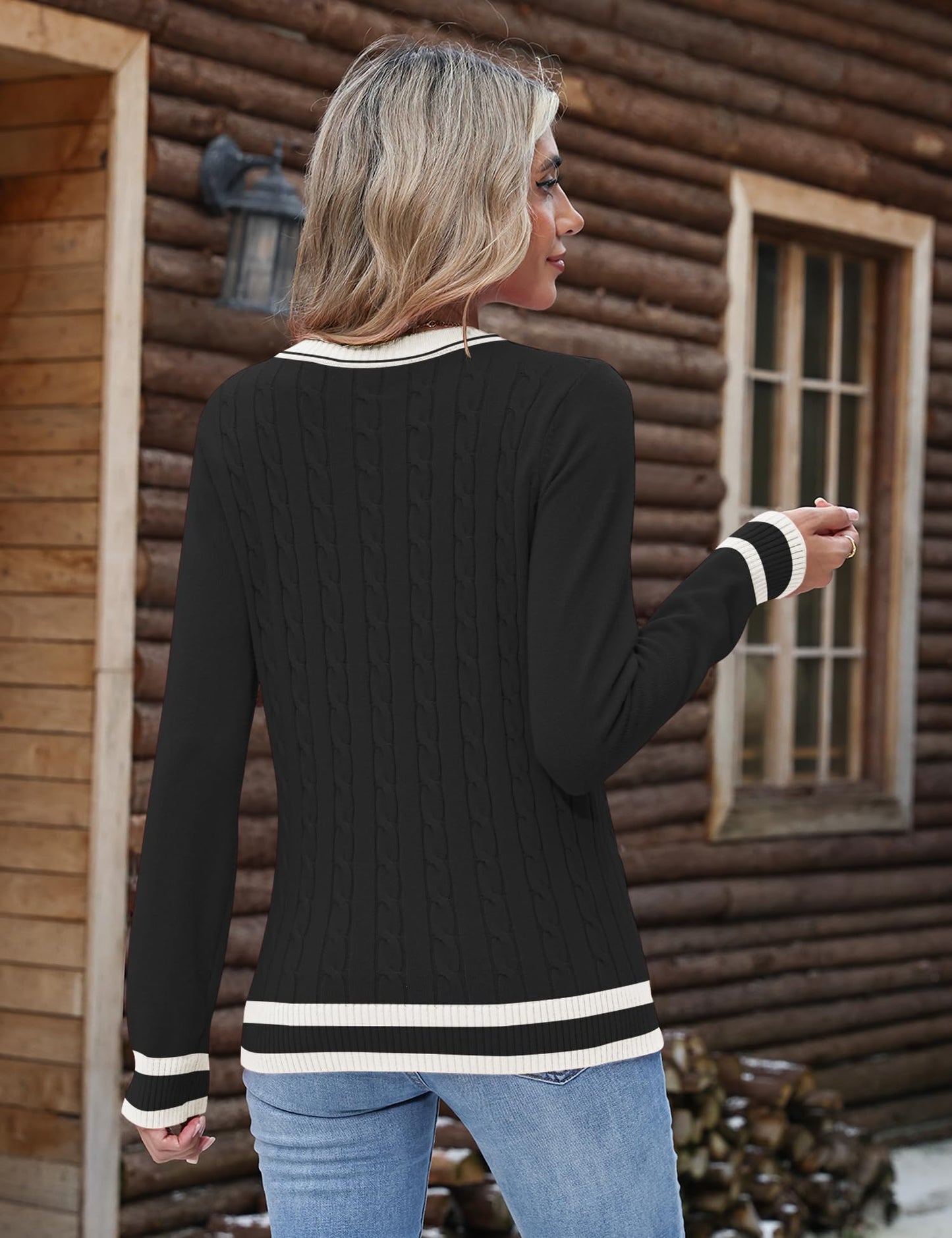 Rapbin Womens Fall Fashion 2025 Cable Knit Long Sleeve Pullover Lightweight Soft Ladies Business Casual Trendy Outfits,Black Stripe XL
