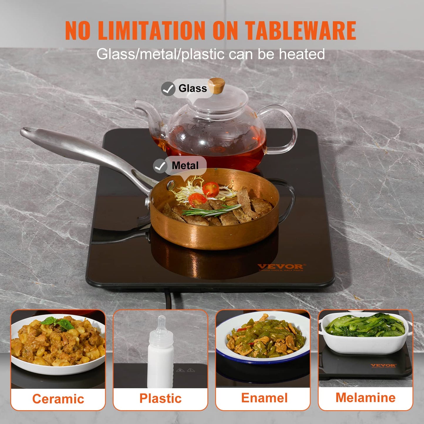 VEVOR Electric Warming Tray, Food Warming Trays for Buffet, Fast Heating Warming Trays, Portable Tempered Glass Heating Tray, ETL, 16.5" x 11"