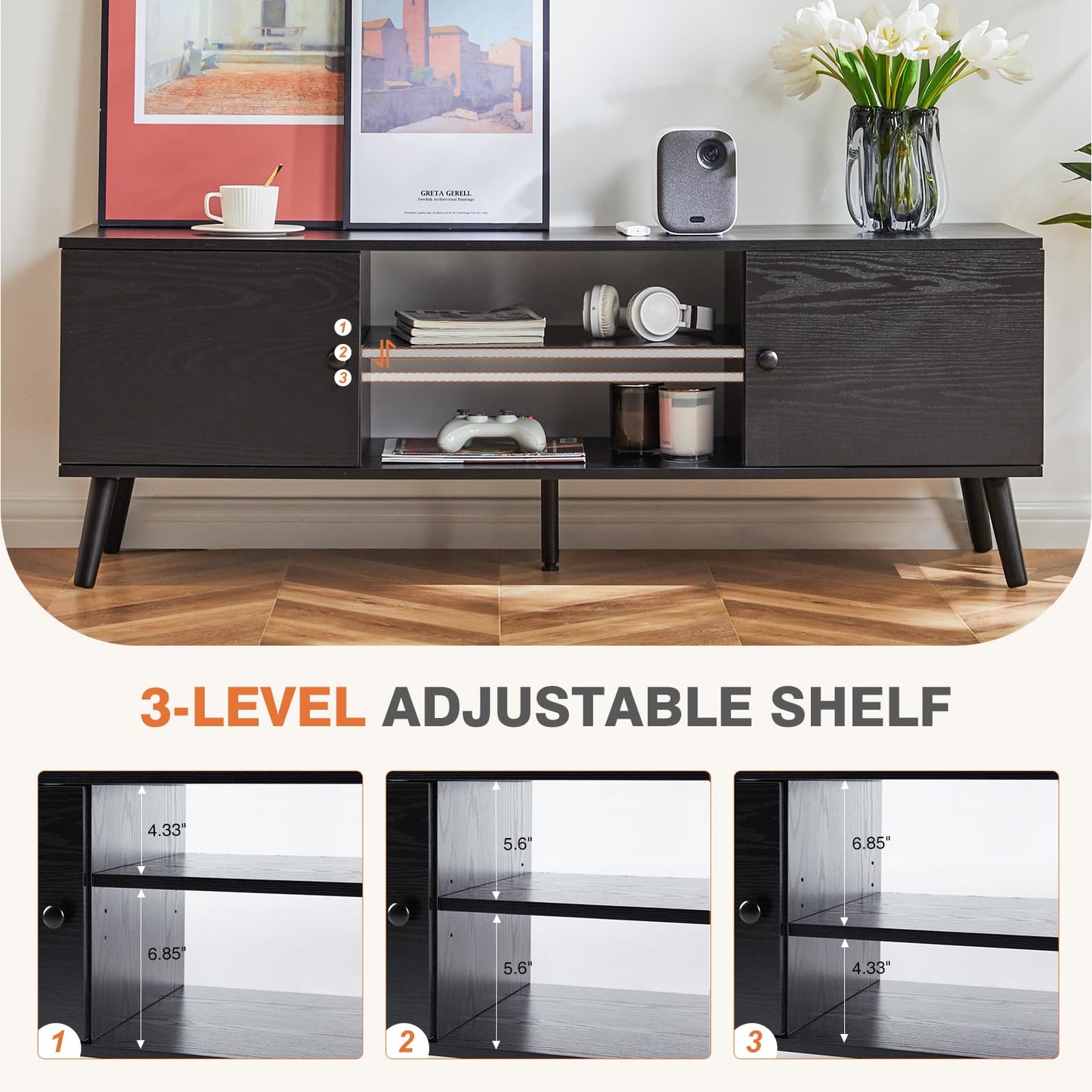 Sweetcrispy TV Stand for 55 60 inch Television, Entertainment Center with Storage, 2 Cabinet Media Console Table, Soft Hinge Door with Handle, Wood Feet, Living Room, Bedroom Furniture, Black