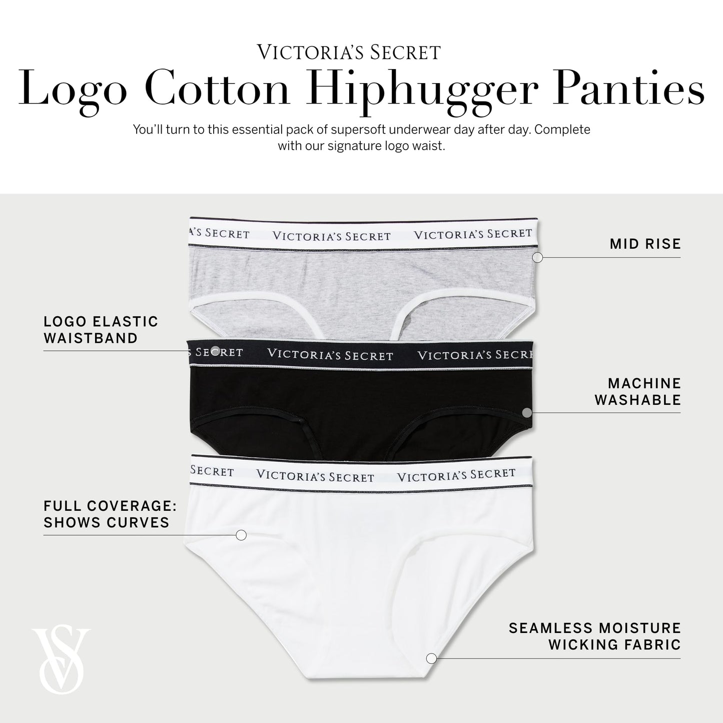 Victoria's Secret Cotton Hiphugger Panty Pack, Logo Banded Waistband, Underwear for Women, 4 Pack, Black (M)