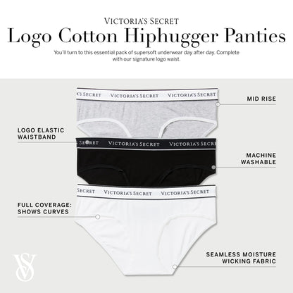 Victoria's Secret Cotton Hiphugger Panty Pack, Logo Banded Waistband, Underwear for Women, 4 Pack, Black (M)