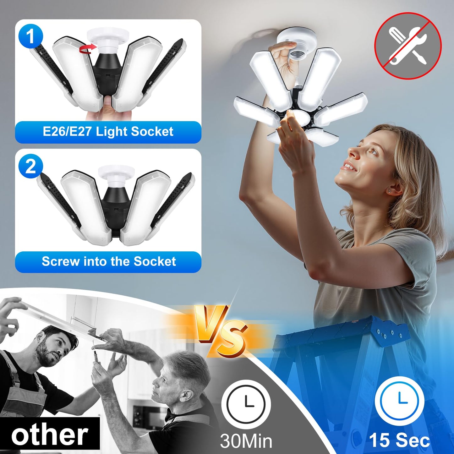 Unenrui Garage Light-2 Pack, 40W 18000LM 6500K LED Shop Lights with 6+1 Adjusted Panels for Workshop, Garage, Basemen Led Ceiling Lamp for Home Users - Screw-in E26/E27 110V