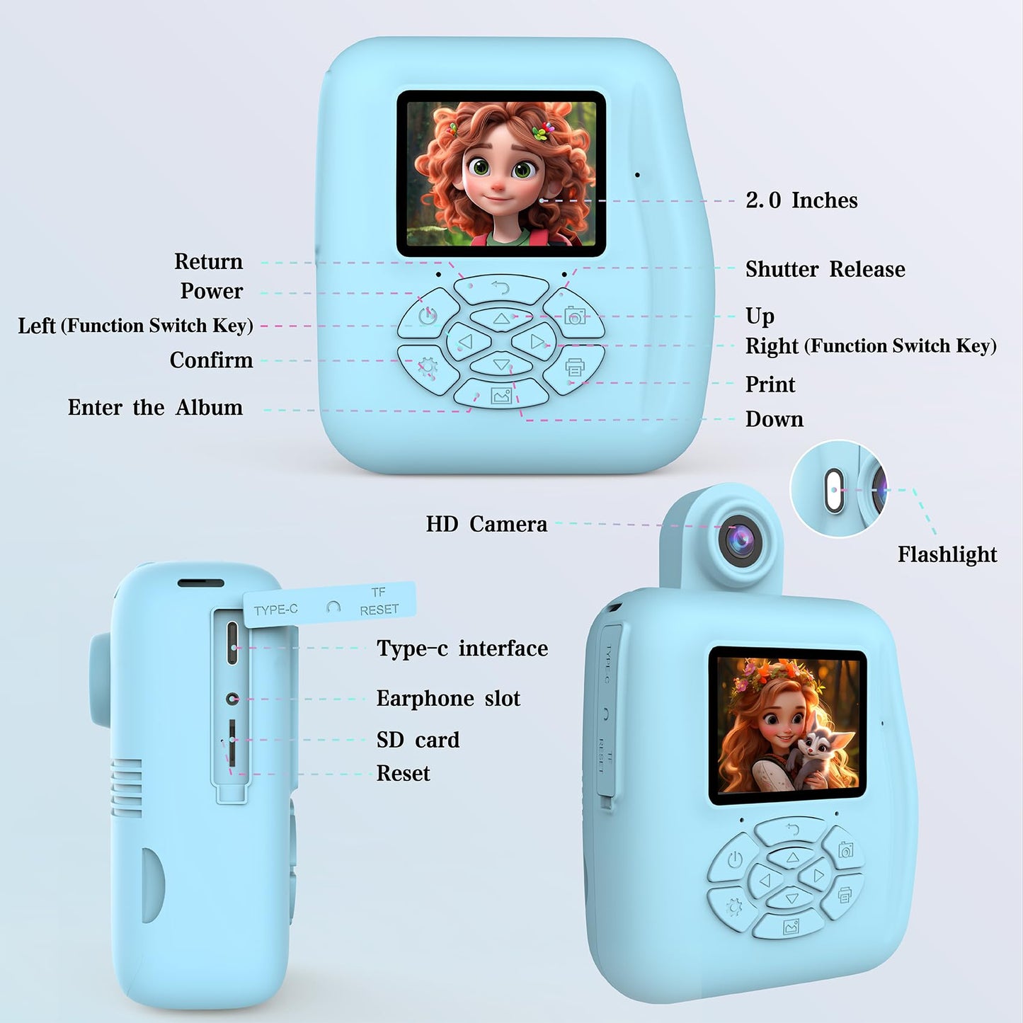Kids Camera Instant Print - Instant Print Camera for Kids, Inkless Camera Instant Print, Kids Toddler Digital Video Cameras Kids Toys Christmas Birthday Gifts for Girls Boys (Blue)