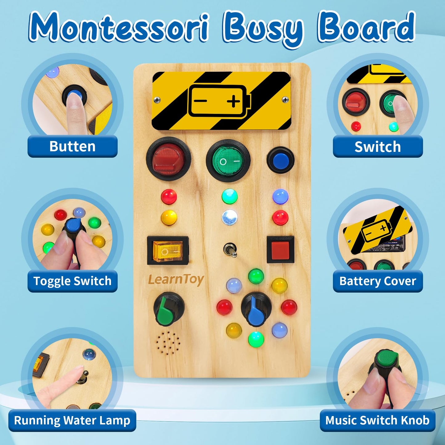LearnToy Montessori Wooden Busy Board for Toddlers 1-3 Years - Sensory Learning Toy with LED Light Switches & Trumpet Horn - Portable Travel Activity Board for Baby Development