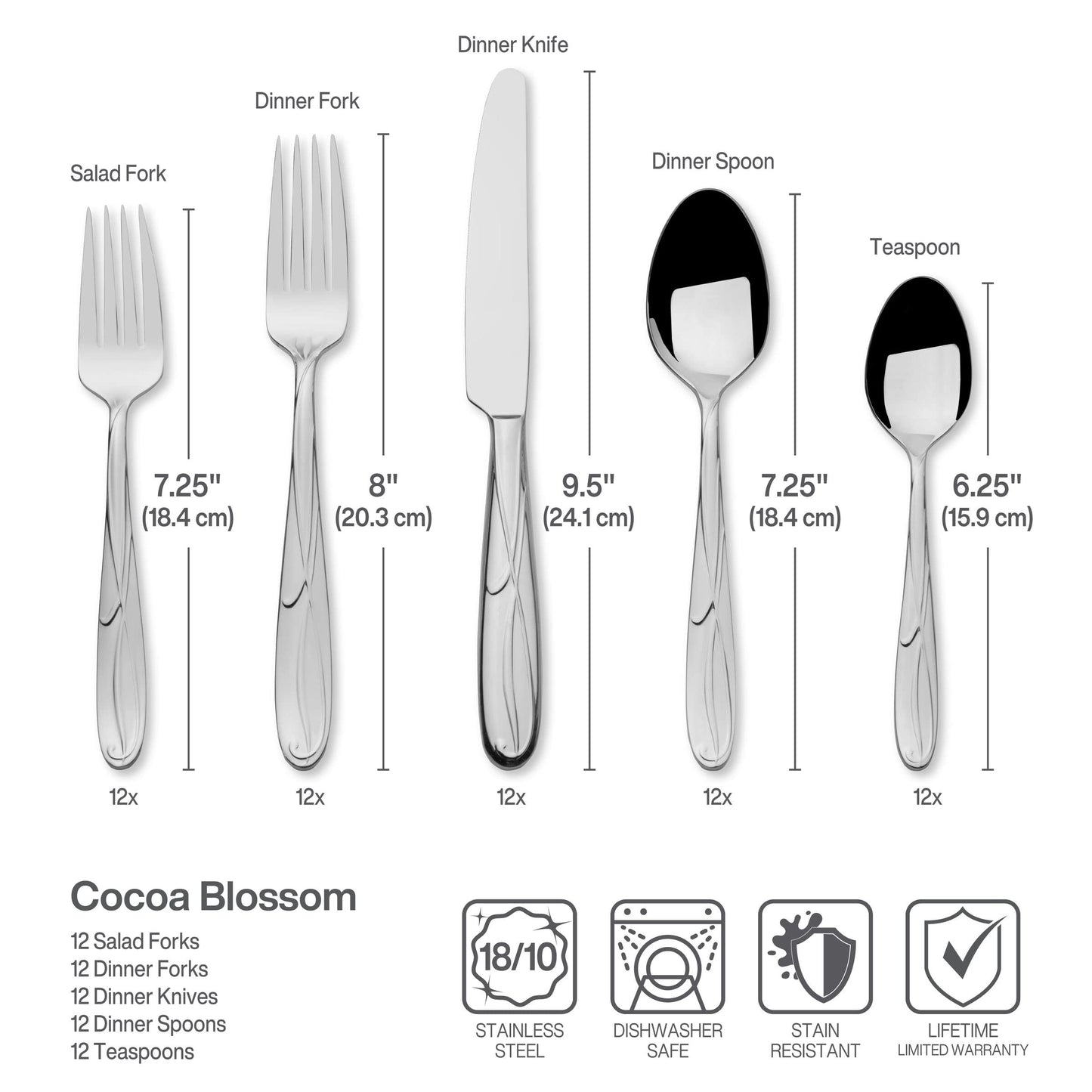 Mikasa Cocoa Blossom 18/10 Stainless Steel Flatware Hostess Serving Utensil, 65 Piece Set, Silver