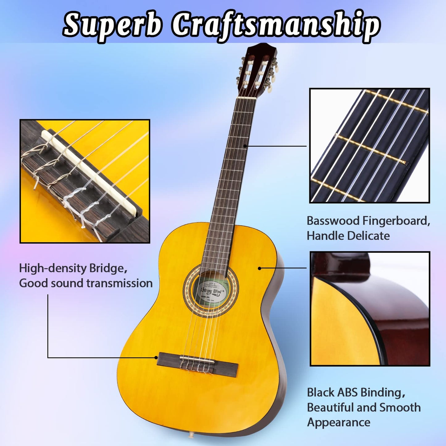 Strong Wind 39 Inch Classical Guitar Nylon Strings Full Size Acoustic Guitar for Beginner Students Adult
