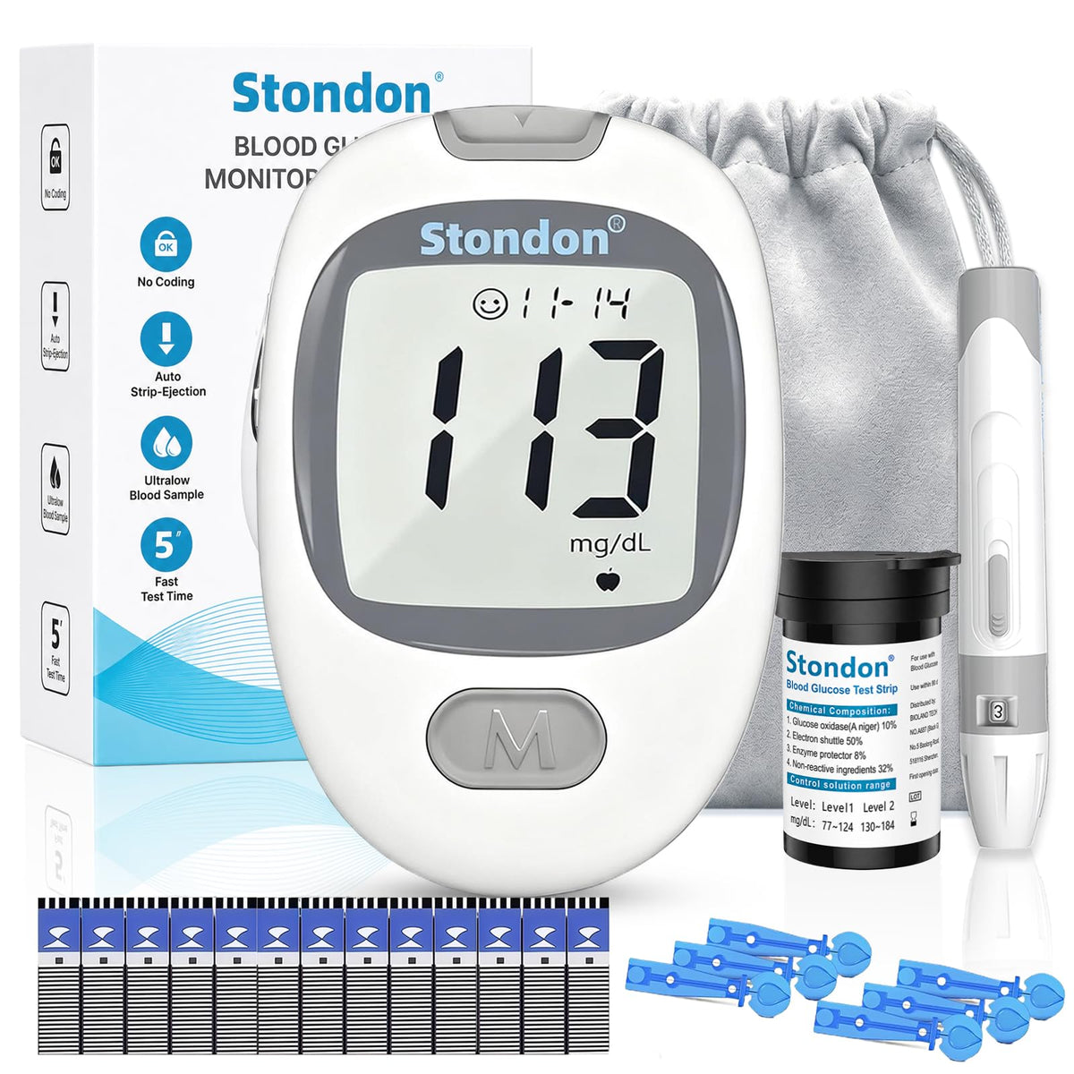 Blood Glucose Monitor Kit with 50 Strips and Lancets