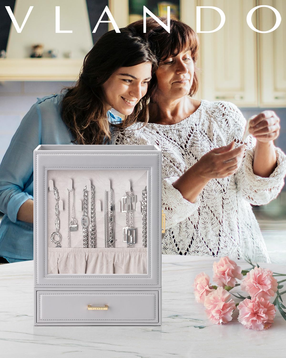 Vlando Large Jewelry Organizer with Glass Window Jewelry Box for Necklaces Earrings Rings Bracelets Watches Jewelry Storage Case Mothers Day Gift for Mom Wife Women Girls (Grey)