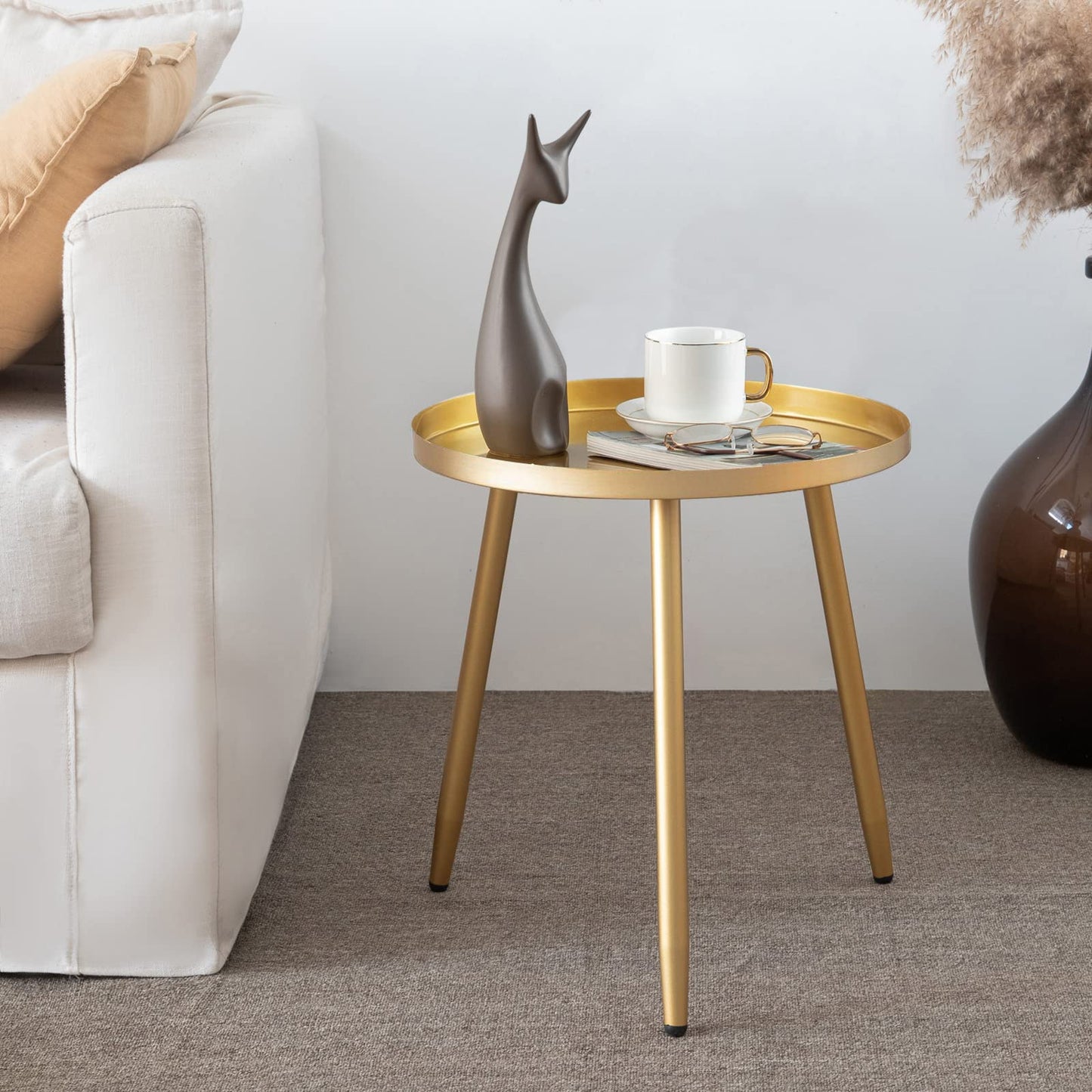 AOJEZOR Gold End Table, Ideal for Any Room-Side Tables Living Room,Bedroom, Gold Plant Stand Balcony, Metal Structure Indoor & Outdoor,Gold Tray with 3 Legs