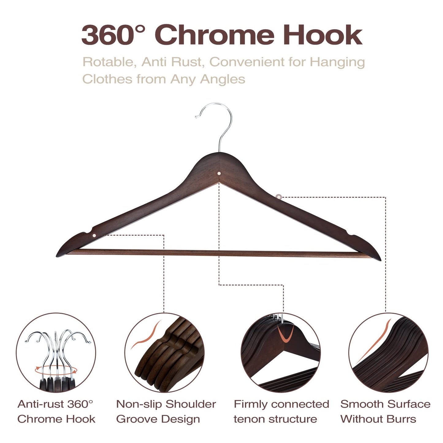 FairyHaus Wood Hangers 30 Pack, Smooth Finish Wooden Coat Suit Hangers with 360° Swivel Hook and Notches, Lightweight Walnut Wood Clothes Hangers for Camisole, Pants, Dress