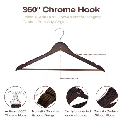 FairyHaus Wood Hangers 30 Pack, Smooth Finish Wooden Coat Suit Hangers with 360° Swivel Hook and Notches, Lightweight Walnut Wood Clothes Hangers for Camisole, Pants, Dress