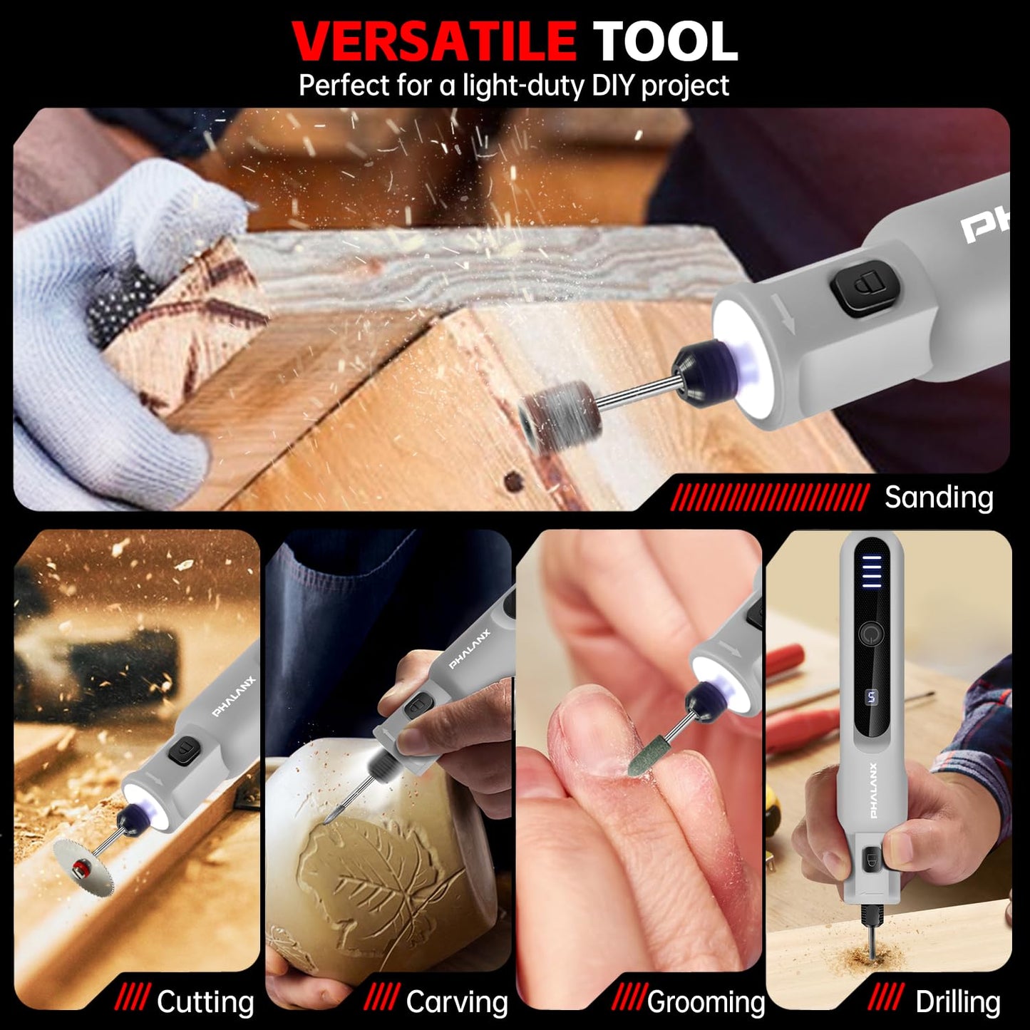 Power Rotary Tools - 3.7V Rotary Tool Kit 70 Accessories, Rotary Tool Cordless 5 Speeds Settings LED Indicator Light 5000-20000 RPM, Multi-Purpose Mini Grinder for Pet Grooming/Polishing/Sanding Tool