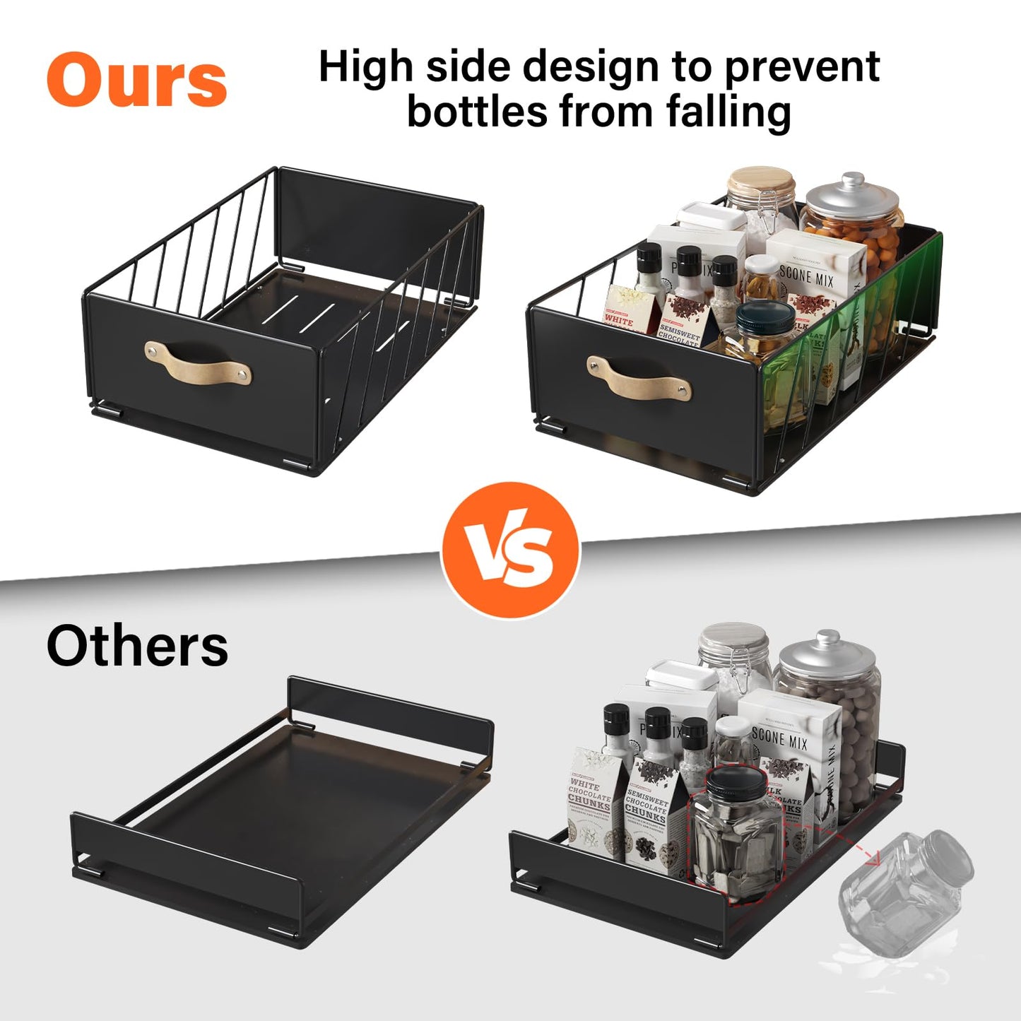 2Pack Pull Out Cabinet Organizer, Slide Out Cabinet Drawers Fixed with Adhesive Film, Cabinet Shelves Storage Organization, Heavy Duty Pantry Shelves Sturdy Drawer Storage for Kitchen Bathroom