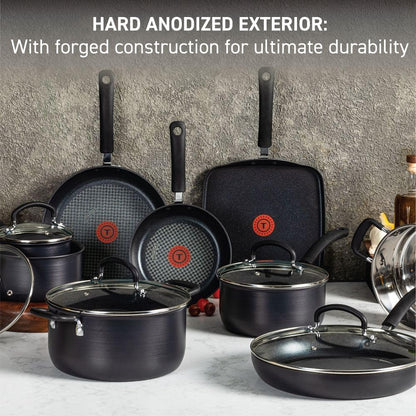 T-fal Ultimate Hard Anodized Nonstick Cookware Set 12 Piece, Oven Broiler Safe 400F, Lid Safe 350F, Kitchen Cooking Set w/ Fry Pans, Saucepans, Dutch Oven, Pots and Pans, Dishwasher Safe, Black