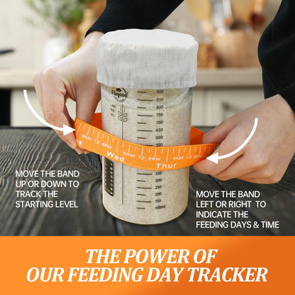 Sourdough Starter Jar-34oz/1000ml, Sourdough Starter Kit With Glass Jar,Thermometer Strips,Date Marked Feeding Band,Silicone Scraper,Cloth Cover & Lid,Sourdough Bread Baking Supplies for Beginners