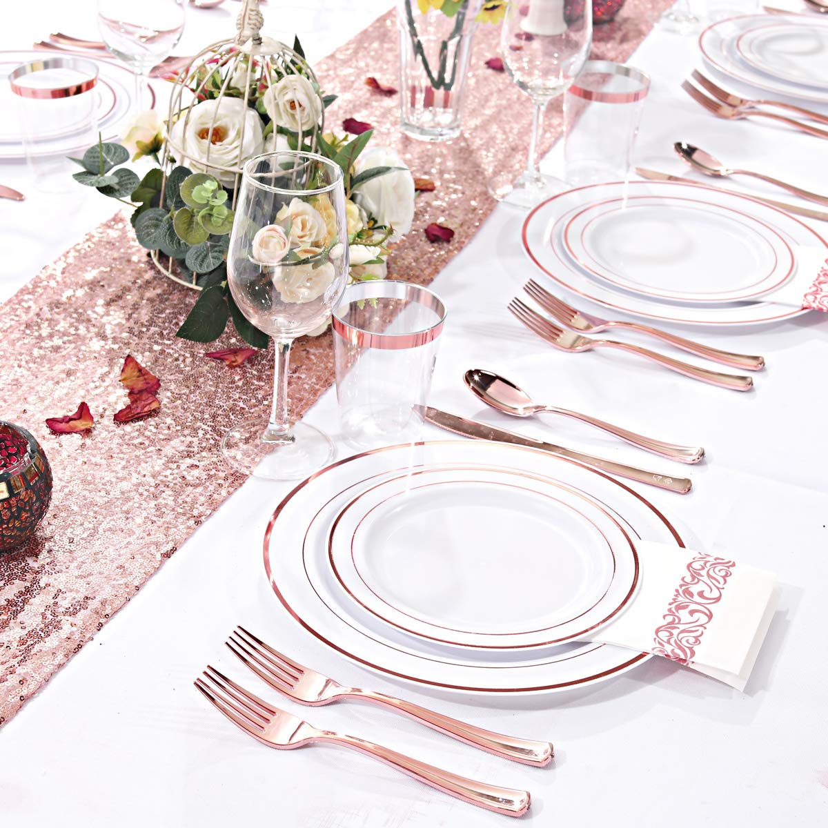WDF 120 pieces Rose Gold Plates Disposable - Rose Gold Plastic Plates, Heavy Duty Plastic Christmas Plates 60-10.25" Dinner Plates and 60-7.5" Salad Plates Perfect for Wedding, Party