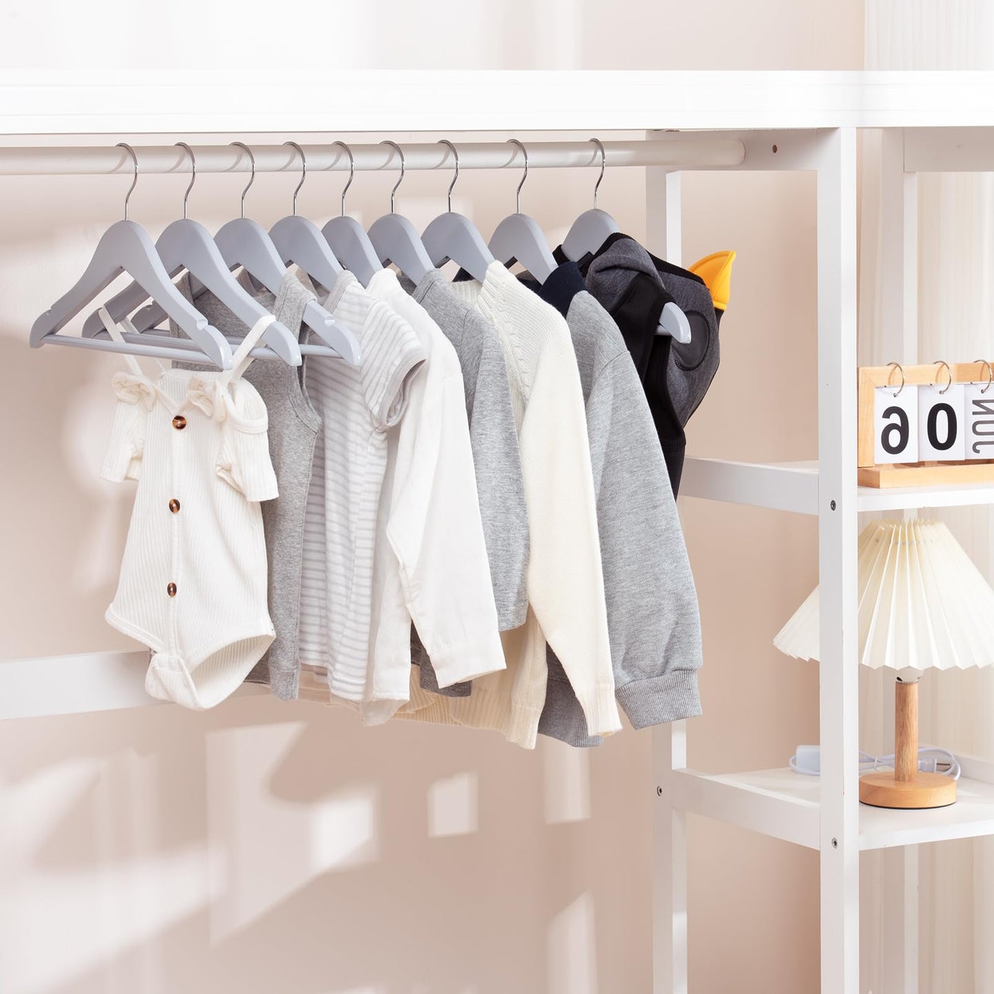 FairyHaus Kids Wooden Hangers 20Pack Grey, 12.8 Inch Baby Wooden Hangers for Closet, Anti-Rust 360° Swivel Hook, Notches & Smooth Finish, Natural Solid Wood Childrens Hangers for Clothes