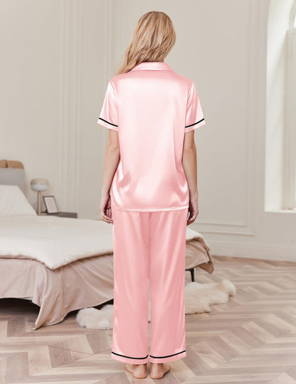 Ekouaer Women's Silk Pajamas Set Short Sleeve Satin Pjs 2 Piece Soft Loungewear with Pants Button Down Sleepwear,Light Pink,L