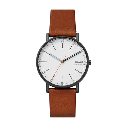 Skagen Men's Signatur Three-Hand Black Stainless Steel and Brown Leather Band Watch (Model: SKW6374)