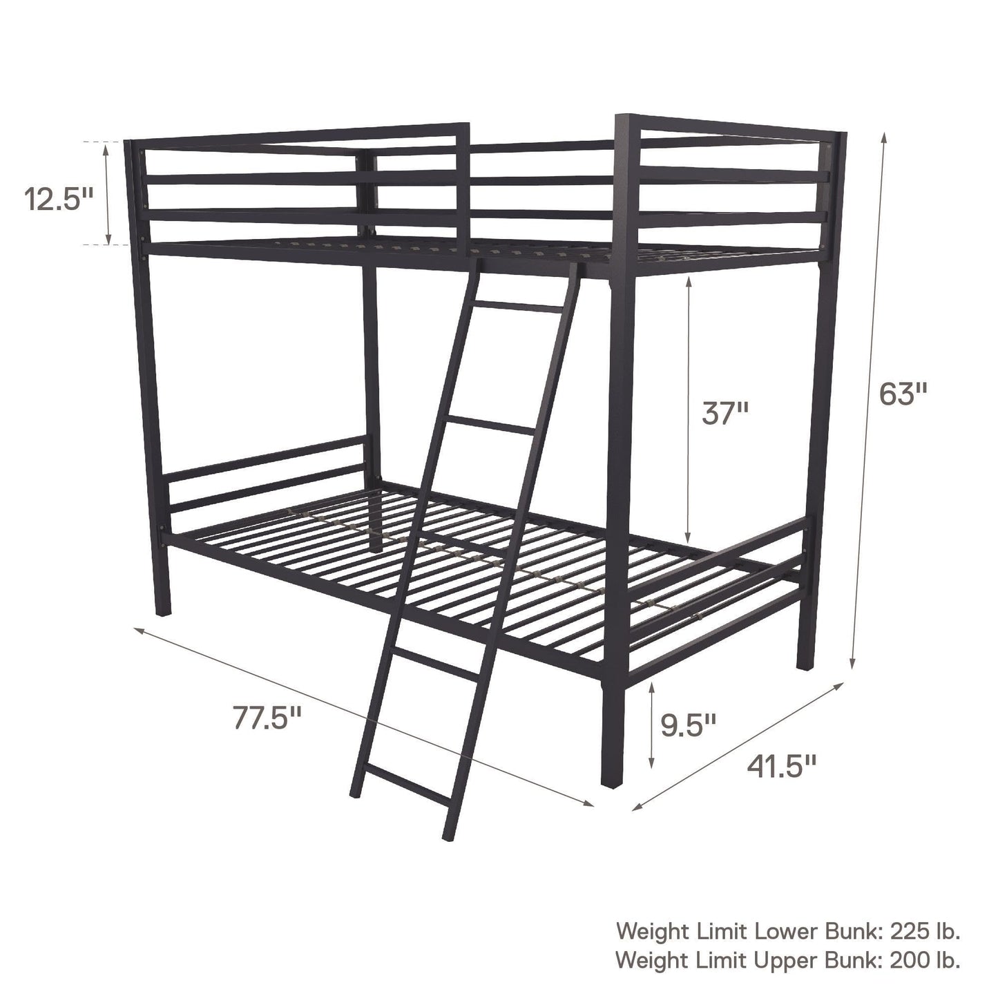 Novogratz Maxwell Twin-Over-Twin Metal Bunk Bed with Ladder and Guardrails, Navy Blue