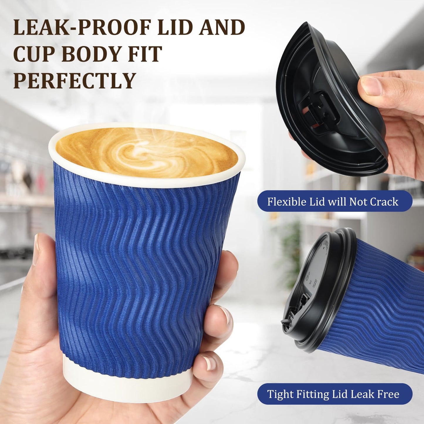 AIRE 100 Pack Disposable Coffee Cups with Lids 12 oz, To Go Coffee Cups with Lids & Straws, Insulated Paper Coffee Cups Hot Cups for Home, Office and Cafe-Blue