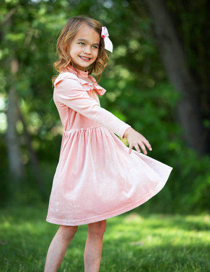 Arshiner Toddler Girls Velvet Dress Contrast Mesh Ruffle Trim Long Sleeve Zipper Birthday Dresses with Pockets Dusty Pink 3T