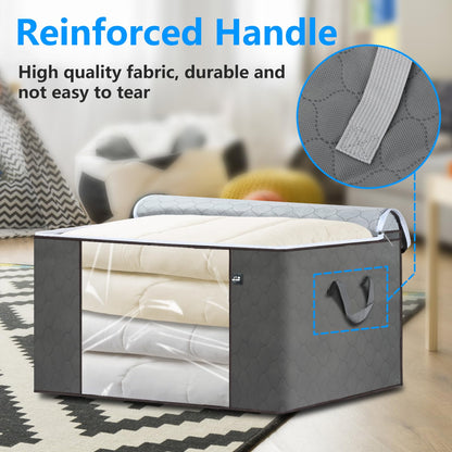 Large Storage Bags for Clothes, 4 Pack Foldable Blanket Clothing Storage Bags with Lids and Reinforced Handle, Storage Containers with Zipper for Organizing Bedroom, Closet, Comforter (90L, Grey)