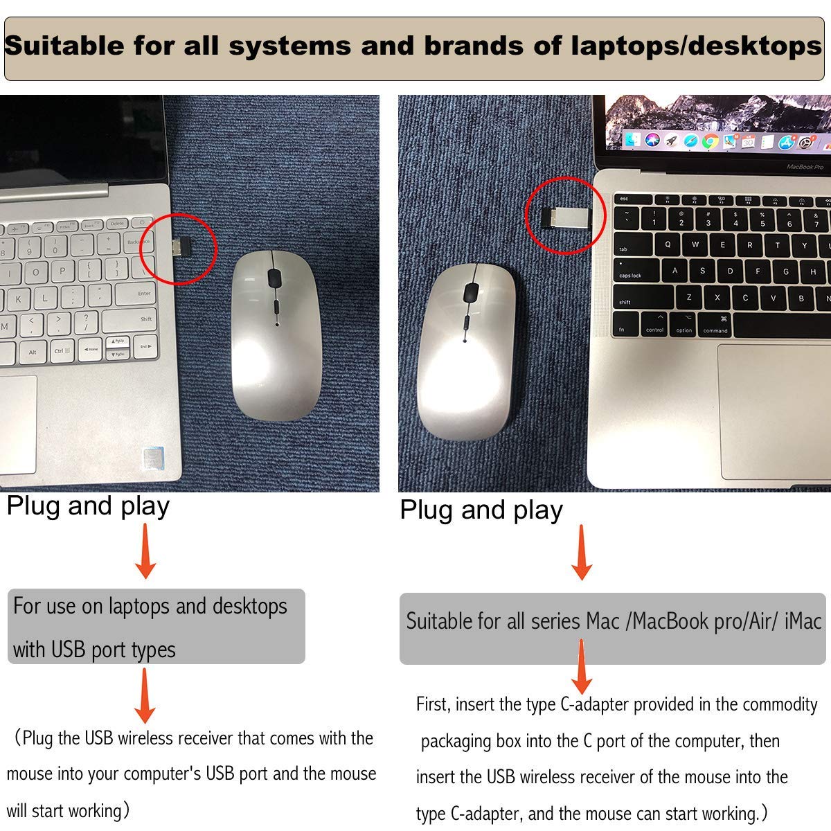 Artusi Wireless Mouse for Laptop Mac iMac MacBook Pro MacBook Air Computer PC Chromebook Windows Rechargeable Wireless Mouse with USB C Adapter (Gray Black 2.4G Wireless Mouse (No Bluetooth))
