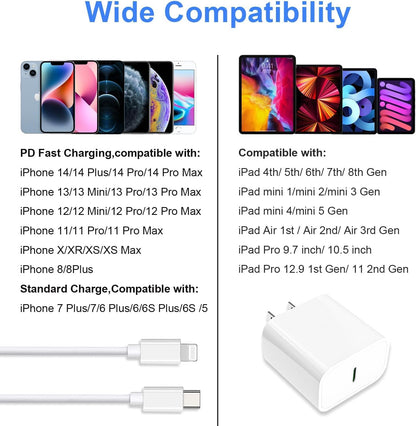 20W USB C Fast Charger 10 FT [MFi Certified] Compatible with iPhone 14 13 12 11 XS XR X 8 iPad, 3 Pack PD Wall Charger Block with 10FT Long Type C Lightning Cable (White)