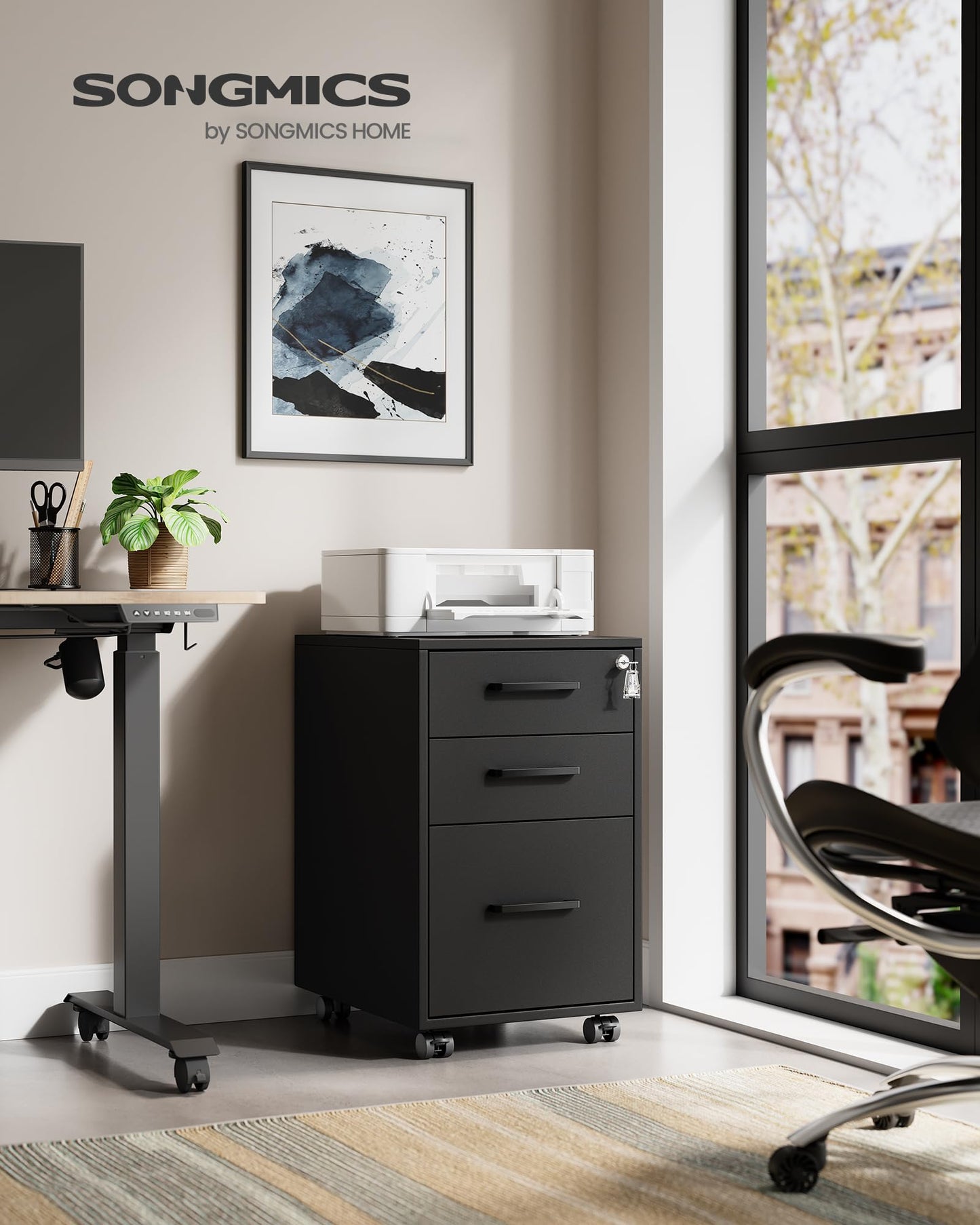 SONGMICS File Cabinet, Pre-Assembled Except Wheels and Handles, Office Filing Cabinet with Lock, for A4, Legal, Letter Sized Documents, 17.7 x 14.4 x 23.6 Inches, Matte Black UOFC110B02