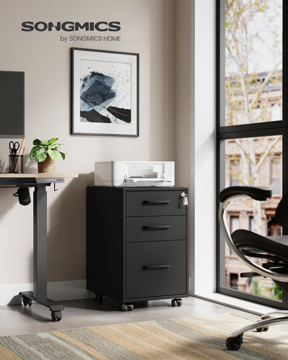 SONGMICS File Cabinet, Pre-Assembled Except Wheels and Handles, Office Filing Cabinet with Lock, for A4, Legal, Letter Sized Documents, 17.7 x 14.4 x 23.6 Inches, Matte Black UOFC110B02