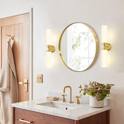 Winbarsign Gold Sconces Set of 2,Bathroom Vanity Lights Mid-Century Modern Vanity Lights,2-Light Bathroom Vanity Lights,Brass Gold Wall Sconces with Frosted Glass for Bathroom, Livingroom, Hallway