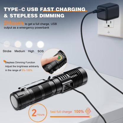 20000 Lumens Rechargeable Tactical Flashlight USB Zoomable