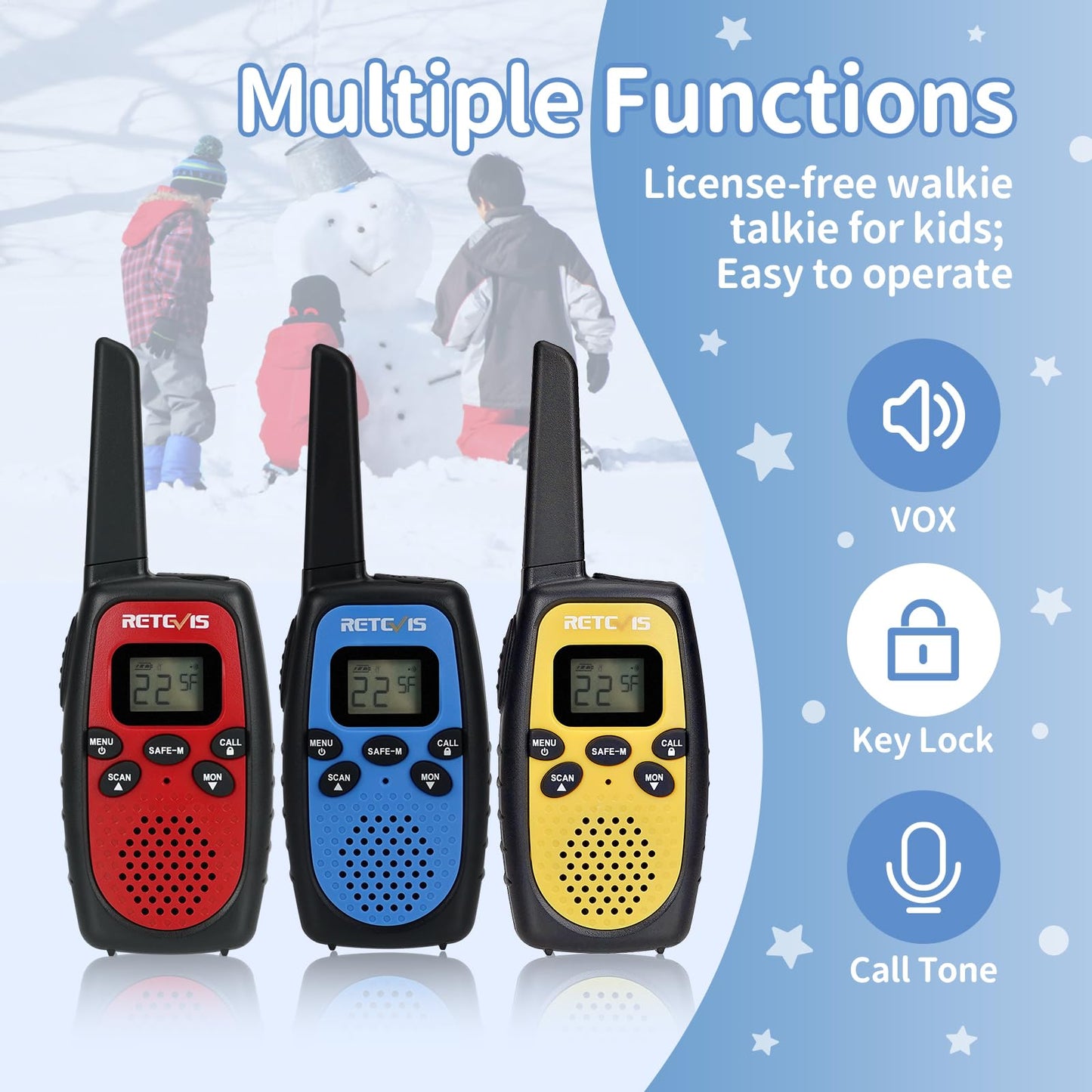 Retevis RT628S Walkie Talkies for Kids, RT628 New Version, Safe Mode 2 Way Radio, Long Rang Walkie Talkies for Adults,Toys Gifts for Boys Girls,Camping Hiking Travel School(3 Pcs Red Blue Yellow)