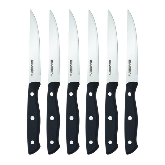 Farberware Triple Riveted Steak Knife Set, 6-Piece, High-Carbon Stainless Steel Knife Set, Razor-Sharp Steak Knife Set with Fine Edge Blades, Black