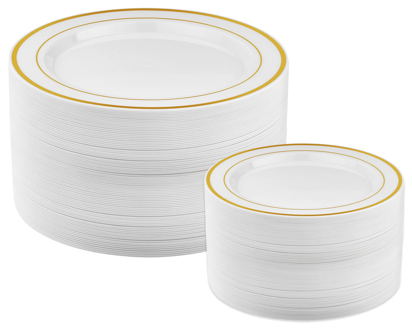 Prestee 50-pc Plastic Gold Plates, 25 Plastic Dinner Plates & 25 Salad Small Plastic Plates, White/Gold Rimmed Plastic Plates for Dessert Appetizer Parties Holiday Wedding Thanksgiving Plastic Plates