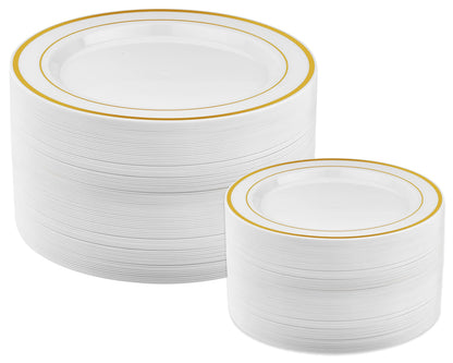 Prestee 50-pc Plastic Gold Plates, 25 Plastic Dinner Plates & 25 Salad Small Plastic Plates, White/Gold Rimmed Plastic Plates for Dessert Appetizer Parties Holiday Wedding Thanksgiving Plastic Plates