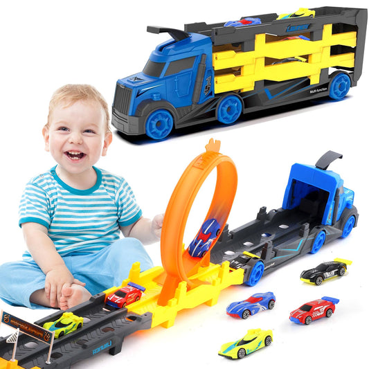 HSEONEJIA Toddler Car Race Track Truck Toy Set, 57 INCH Deformable Mega Hauler Transporter Truck with 4 Small Race Cars, Birthday for Kids Boys Girls Age 2 3 4 5 Years Old